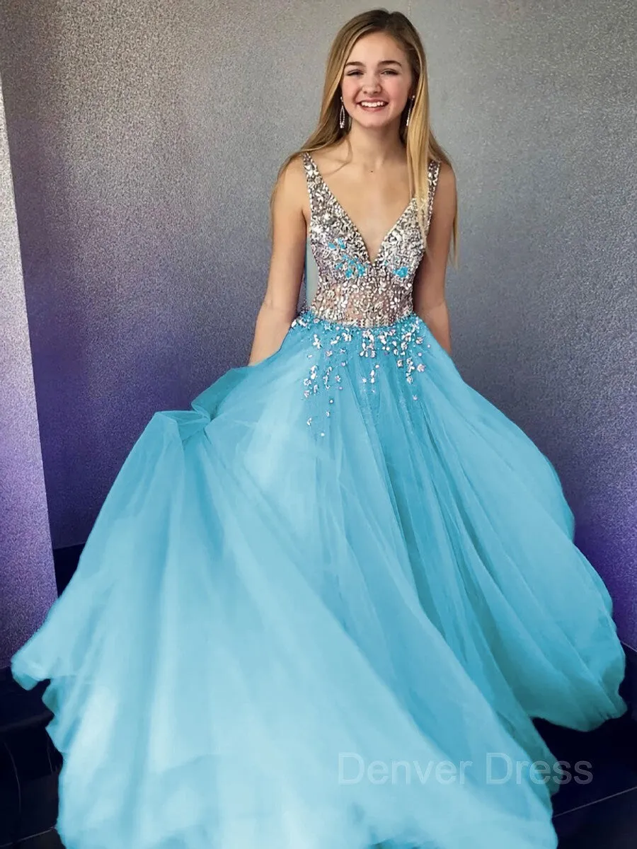 A-Line V-neck Floor-Length Tulle Evening Dresses With Beading
