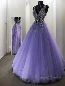 A-Line V-neck Floor-Length Tulle Evening Dresses With Beading