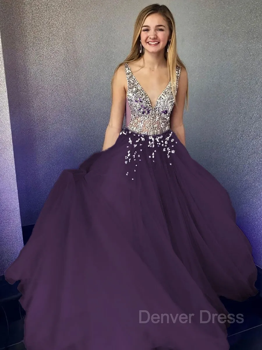 A-Line V-neck Floor-Length Tulle Evening Dresses With Beading