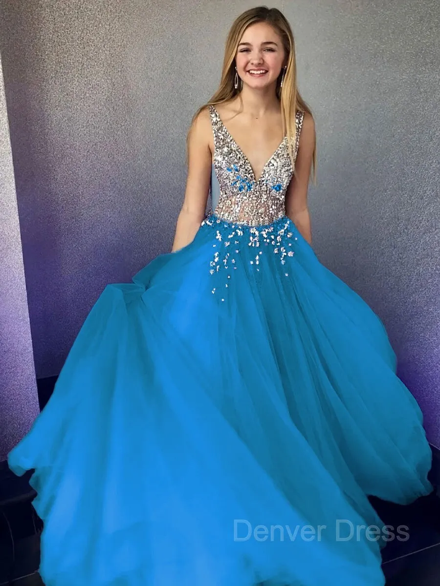 A-Line V-neck Floor-Length Tulle Evening Dresses With Beading