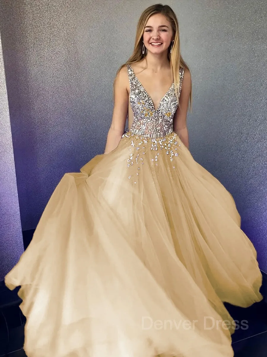 A-Line V-neck Floor-Length Tulle Evening Dresses With Beading