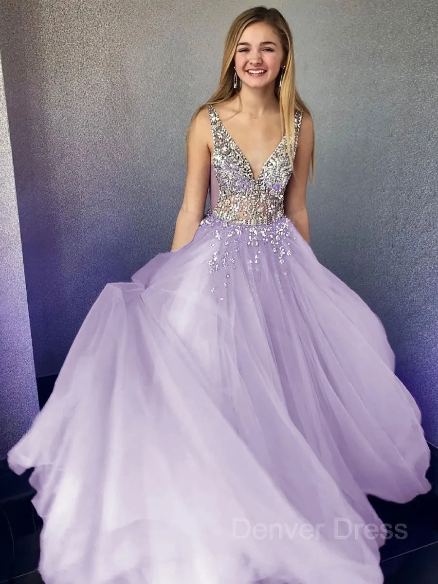 A-Line V-neck Floor-Length Tulle Evening Dresses With Beading
