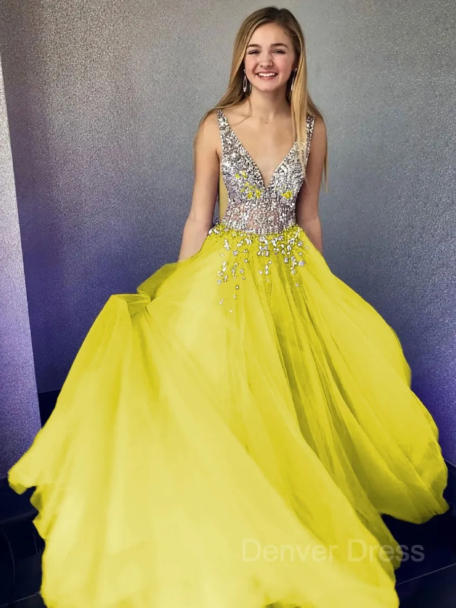 A-Line V-neck Floor-Length Tulle Evening Dresses With Beading