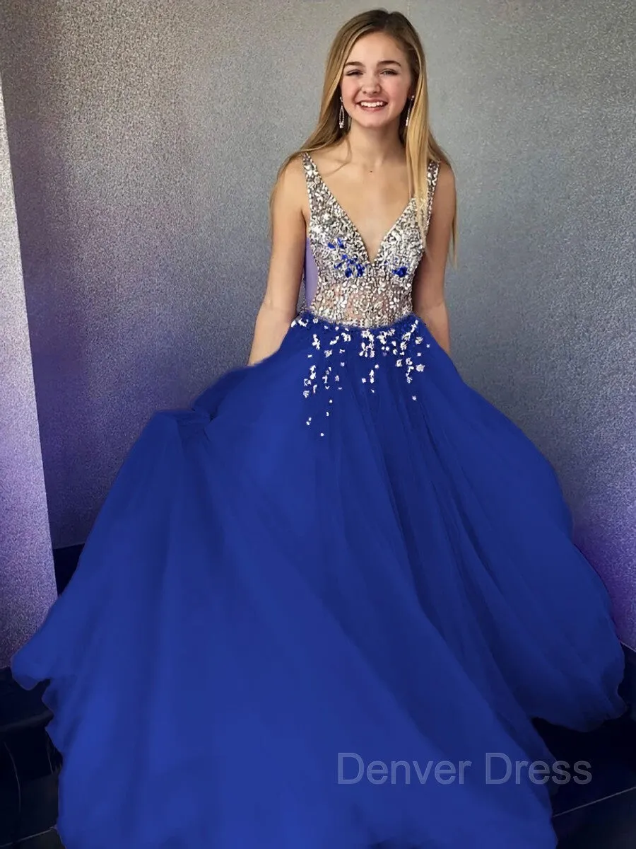 A-Line V-neck Floor-Length Tulle Evening Dresses With Beading