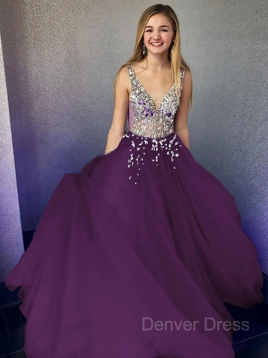 A-Line V-neck Floor-Length Tulle Evening Dresses With Beading