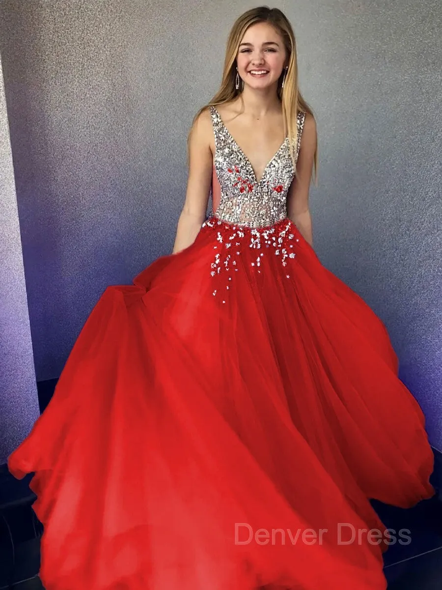 A-Line V-neck Floor-Length Tulle Evening Dresses With Beading