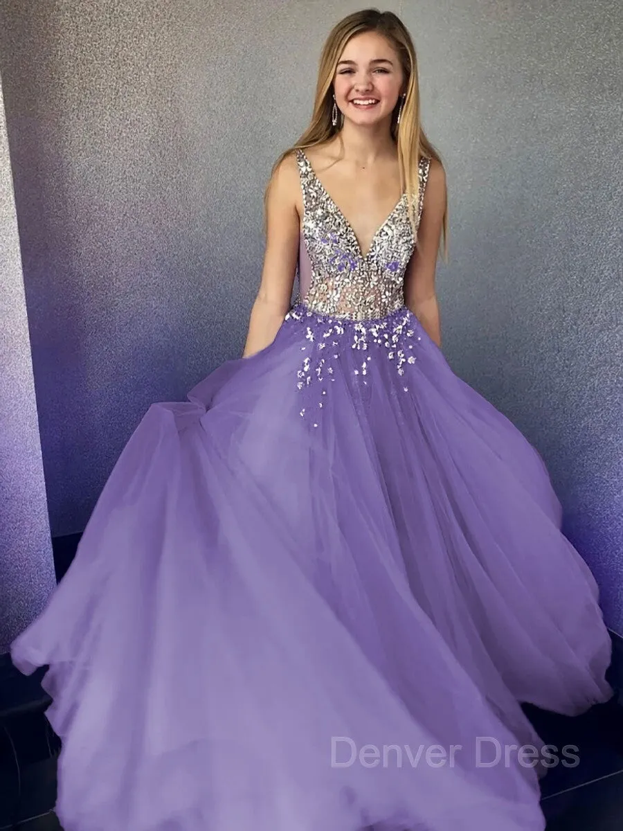 A-Line V-neck Floor-Length Tulle Evening Dresses With Beading
