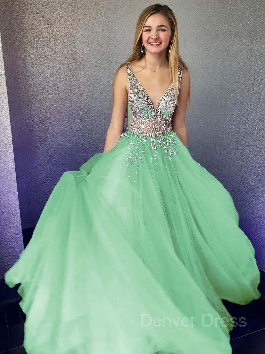A-Line V-neck Floor-Length Tulle Evening Dresses With Beading