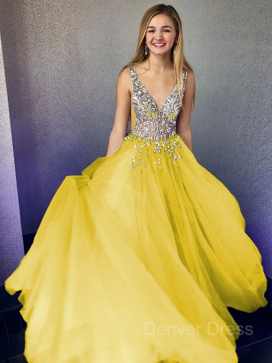 A-Line V-neck Floor-Length Tulle Evening Dresses With Beading
