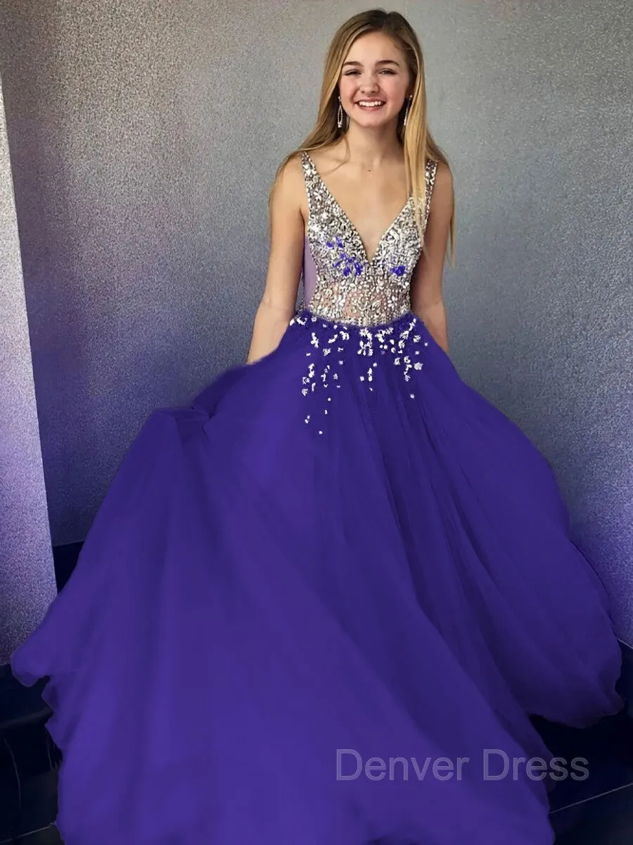 A-Line V-neck Floor-Length Tulle Evening Dresses With Beading