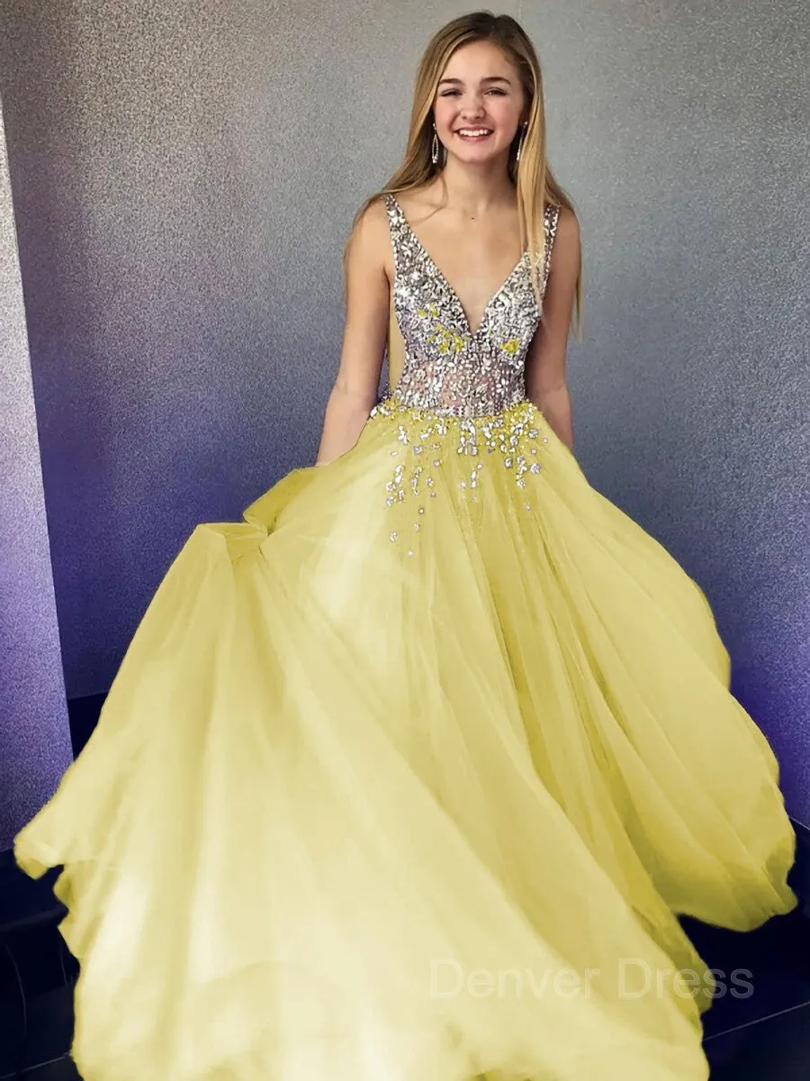 A-Line V-neck Floor-Length Tulle Evening Dresses With Beading