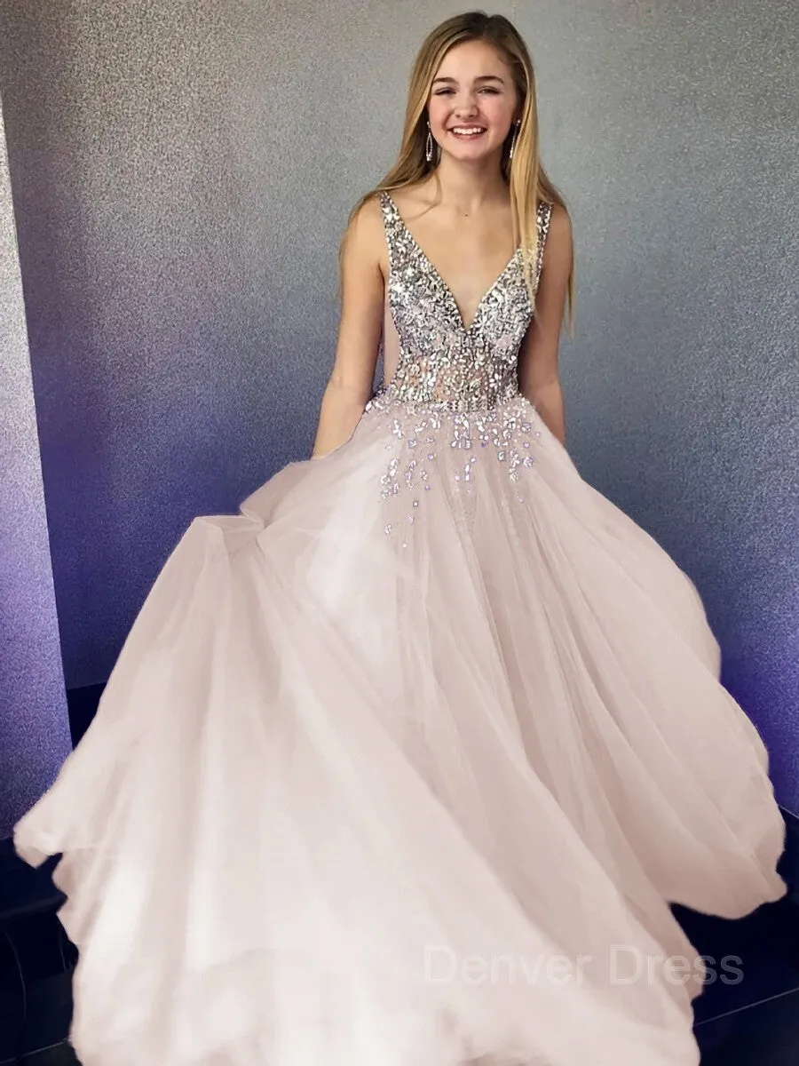 A-Line V-neck Floor-Length Tulle Evening Dresses With Beading