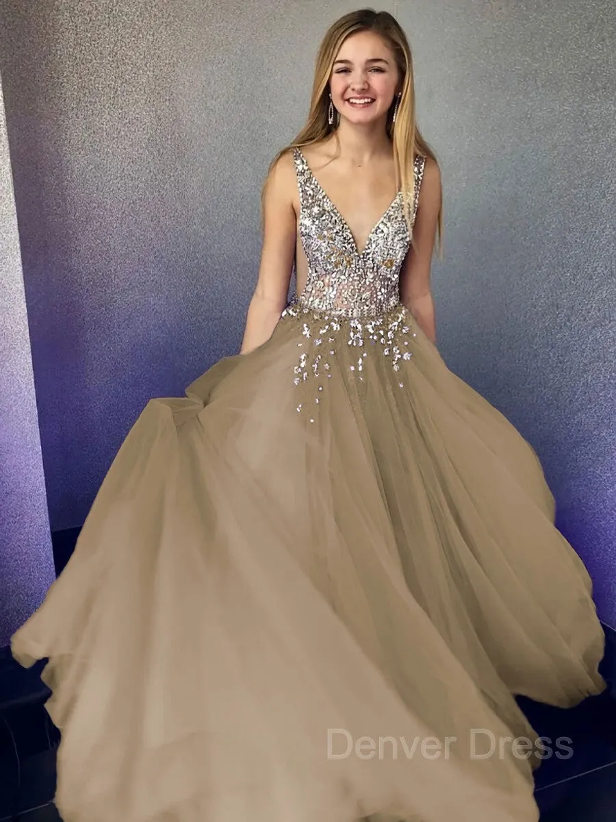 A-Line V-neck Floor-Length Tulle Evening Dresses With Beading