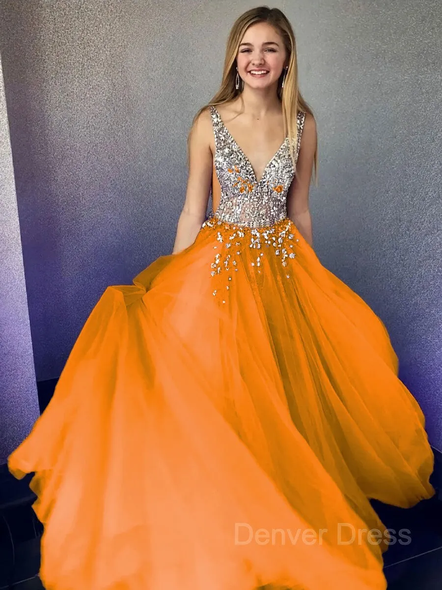 A-Line V-neck Floor-Length Tulle Evening Dresses With Beading
