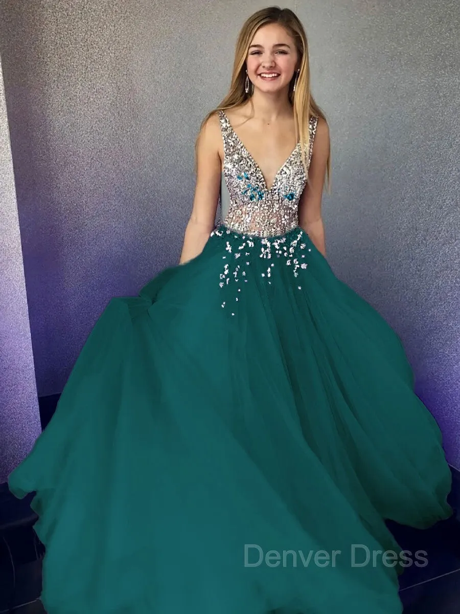 A-Line V-neck Floor-Length Tulle Evening Dresses With Beading