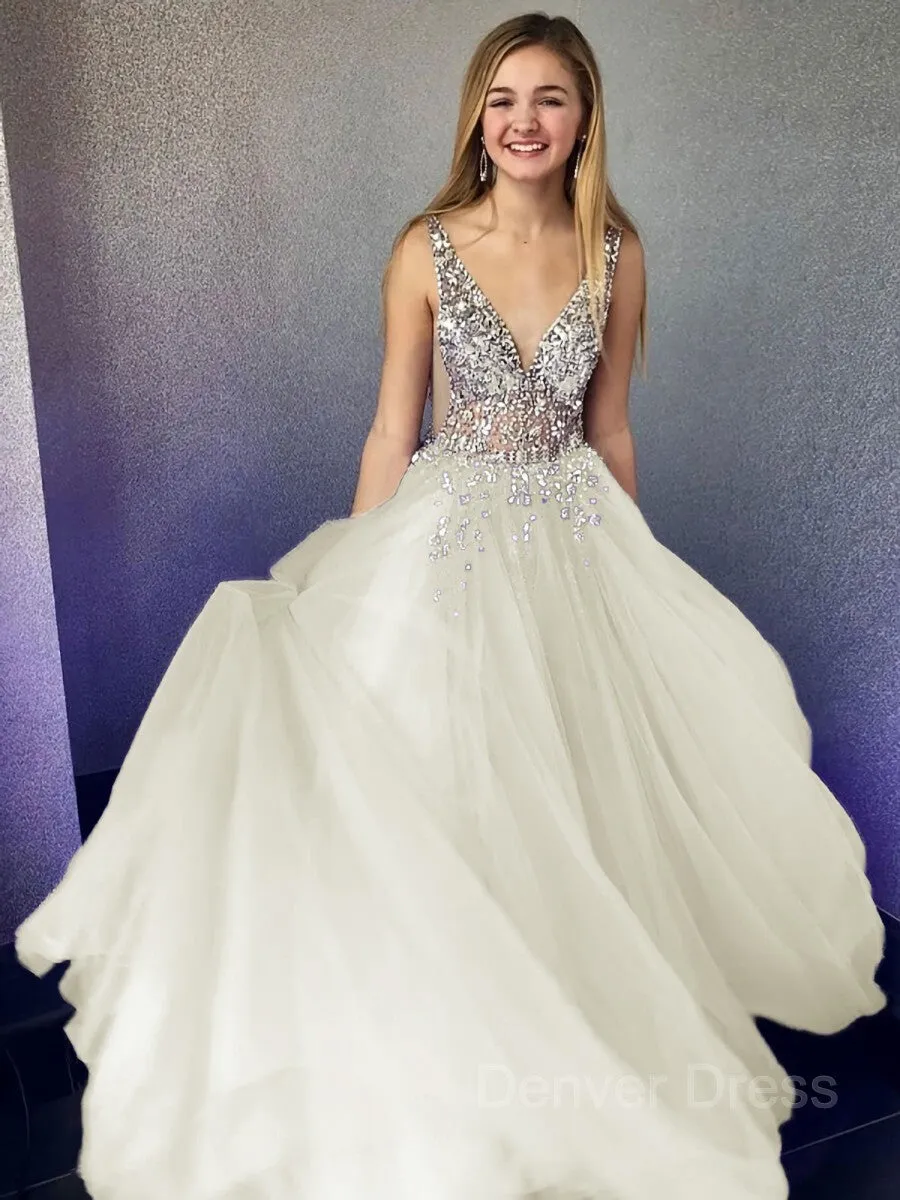 A-Line V-neck Floor-Length Tulle Evening Dresses With Beading