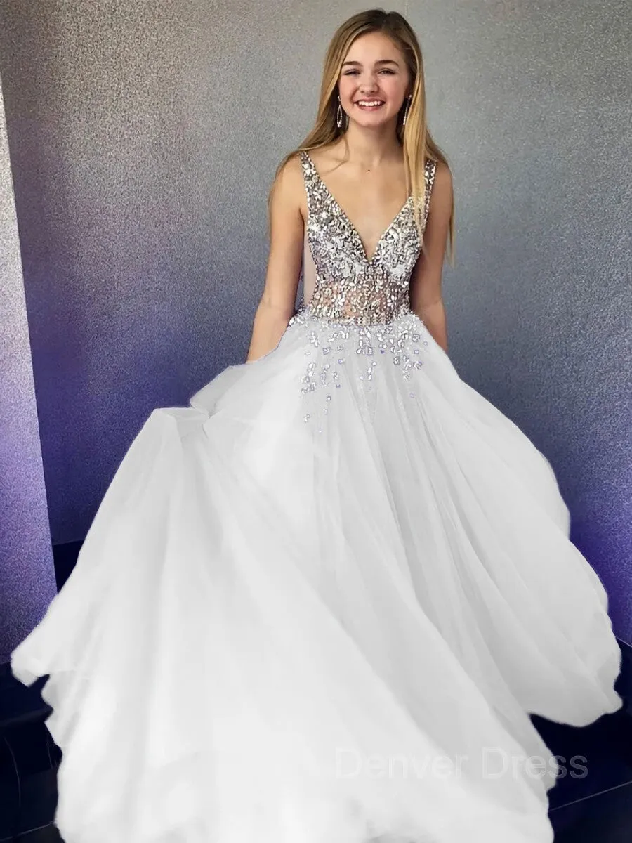 A-Line V-neck Floor-Length Tulle Evening Dresses With Beading