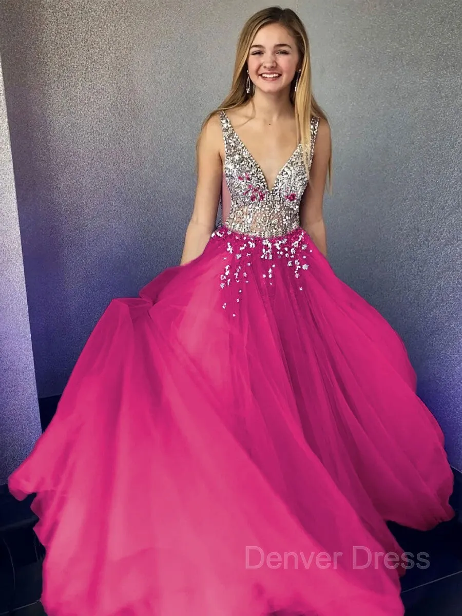 A-Line V-neck Floor-Length Tulle Evening Dresses With Beading