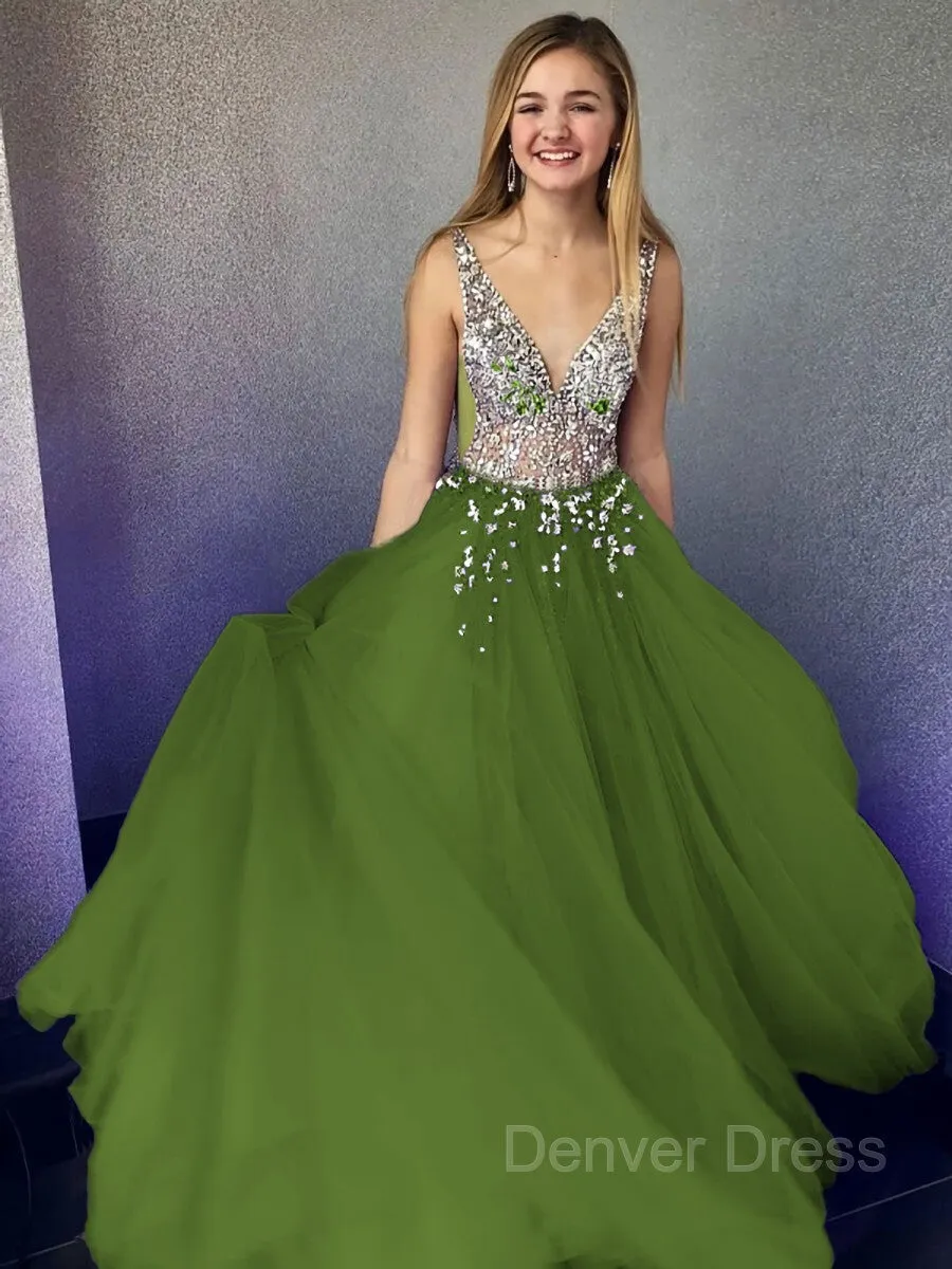 A-Line V-neck Floor-Length Tulle Evening Dresses With Beading