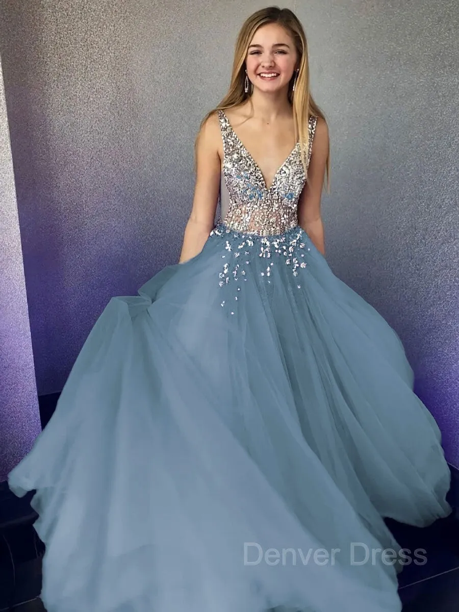 A-Line V-neck Floor-Length Tulle Evening Dresses With Beading