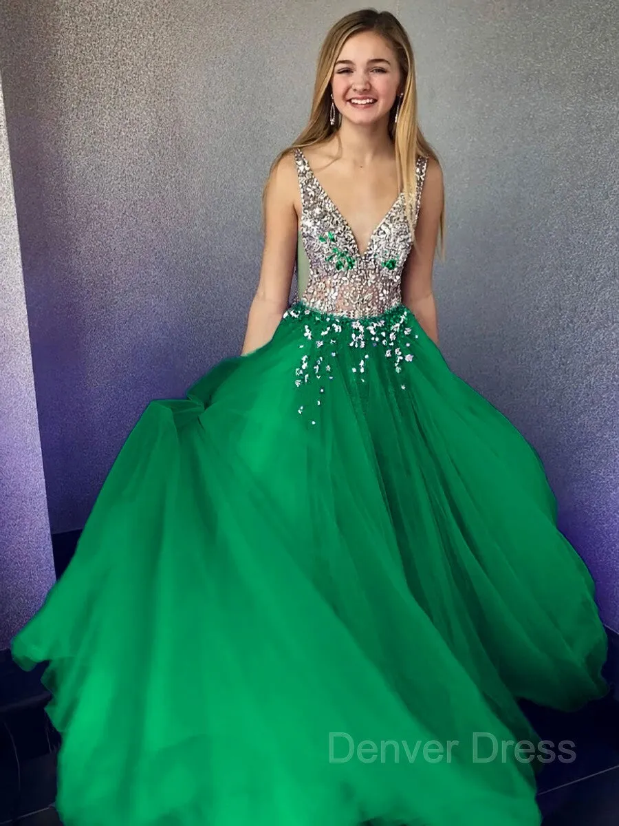A-Line V-neck Floor-Length Tulle Evening Dresses With Beading