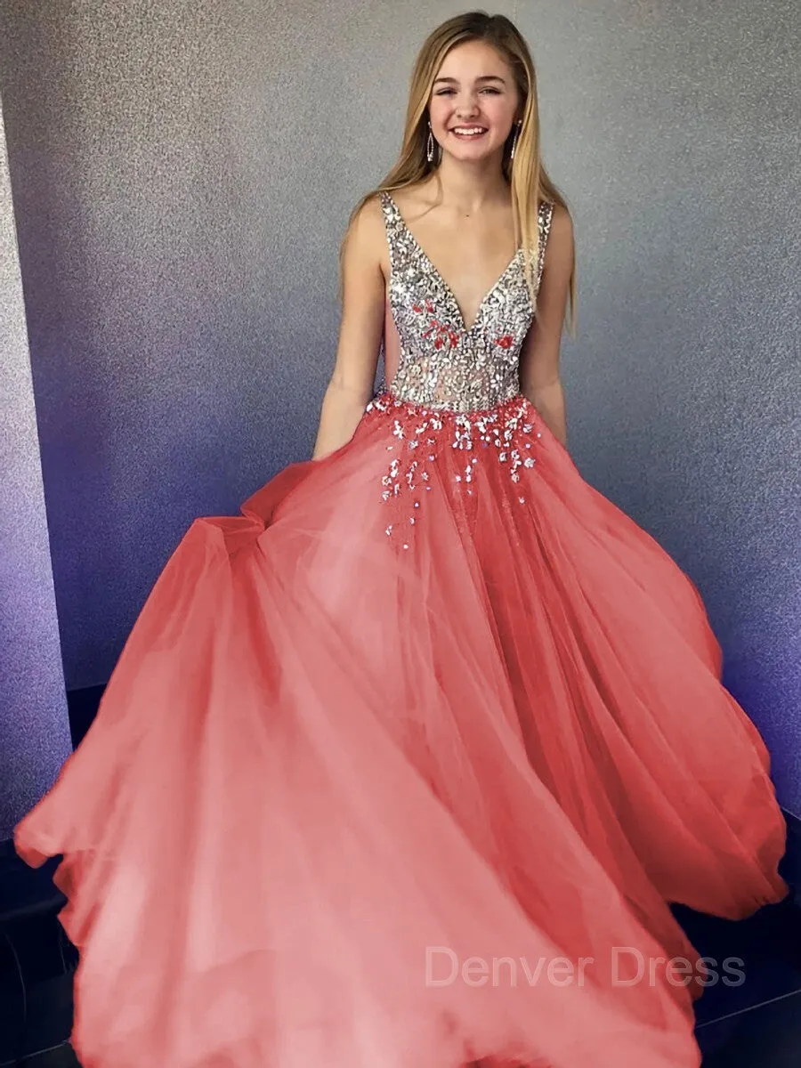 A-Line V-neck Floor-Length Tulle Evening Dresses With Beading