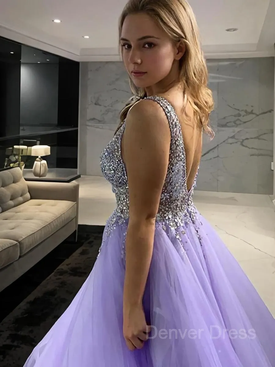 A-Line V-neck Floor-Length Tulle Evening Dresses With Beading