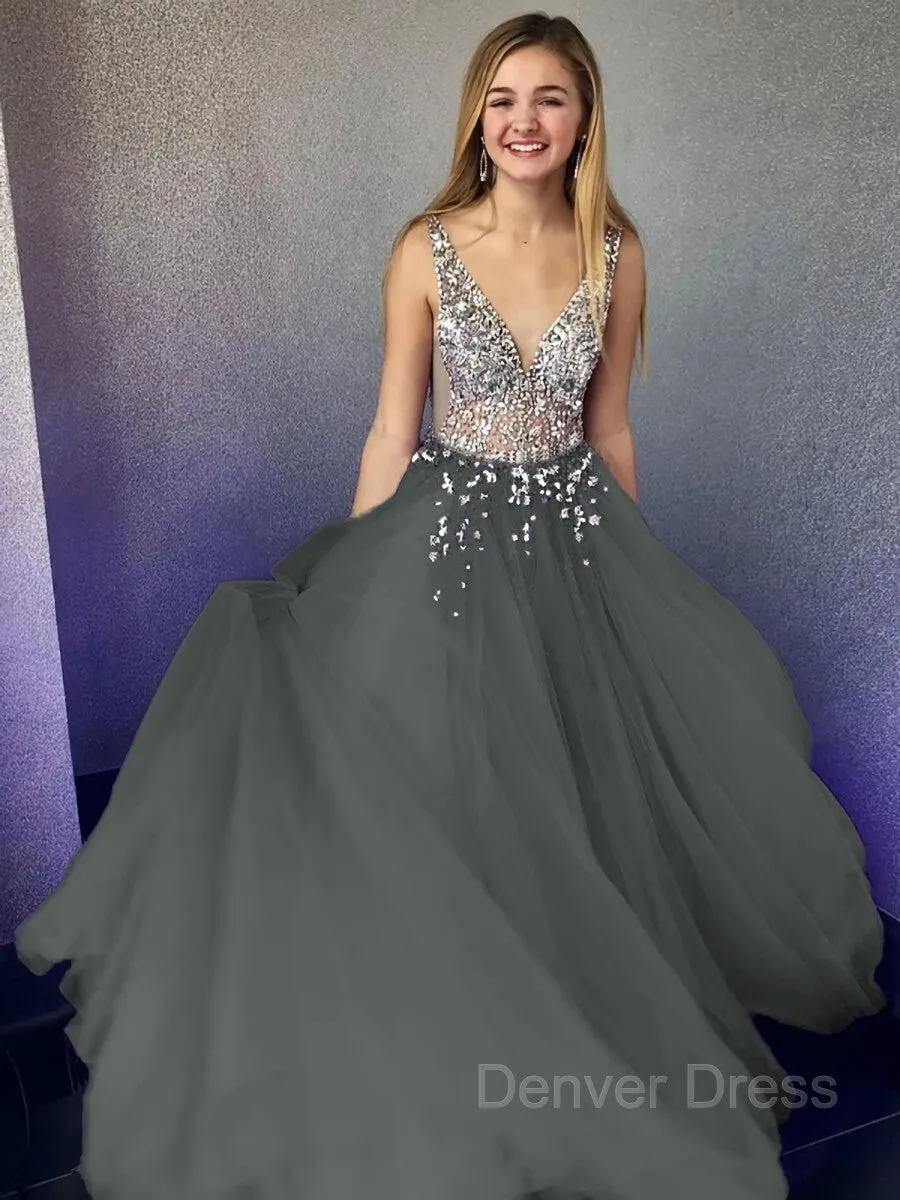 A-Line V-neck Floor-Length Tulle Evening Dresses With Beading