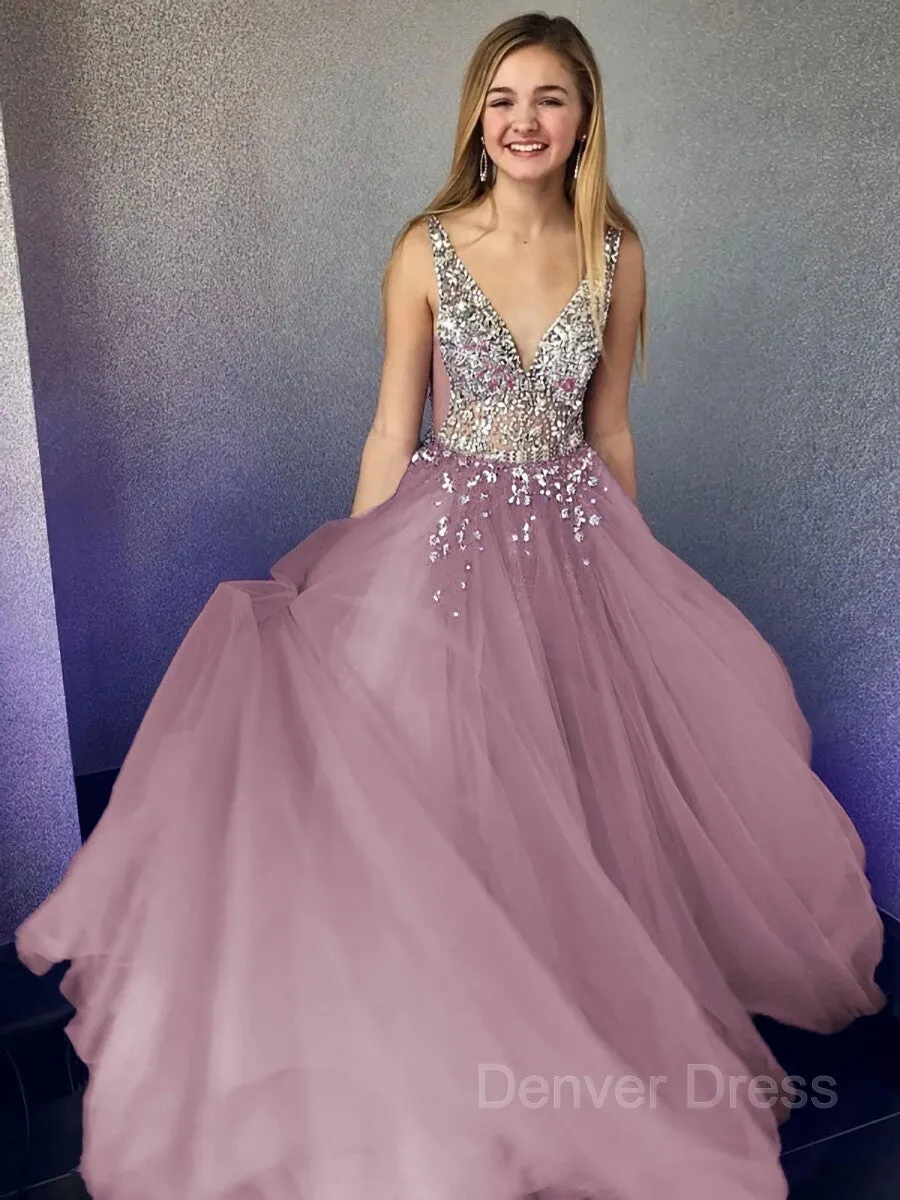 A-Line V-neck Floor-Length Tulle Evening Dresses With Beading