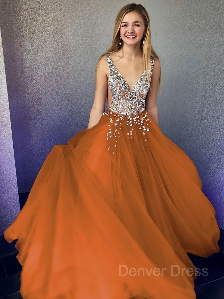 A-Line V-neck Floor-Length Tulle Evening Dresses With Beading