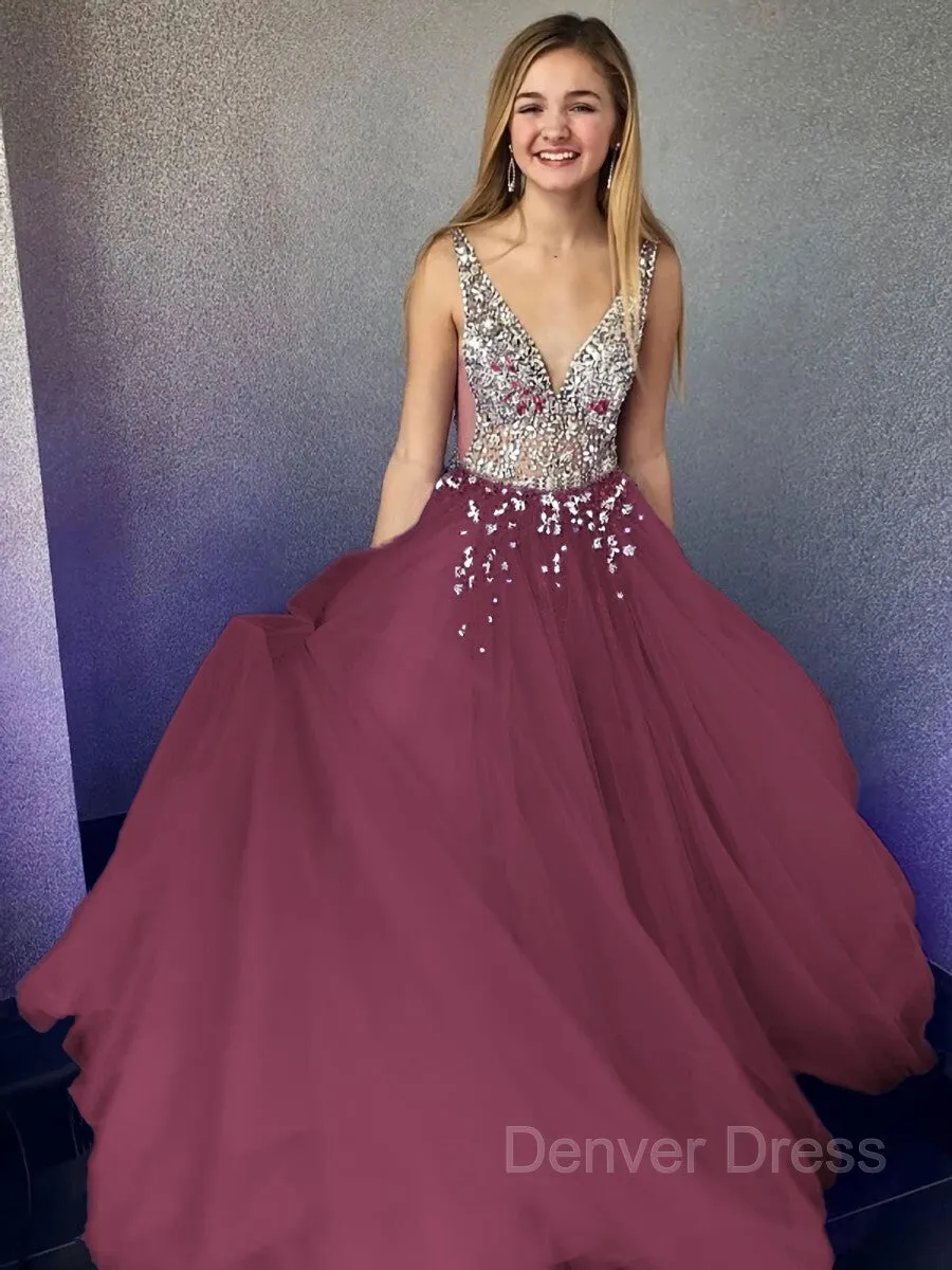 A-Line V-neck Floor-Length Tulle Evening Dresses With Beading