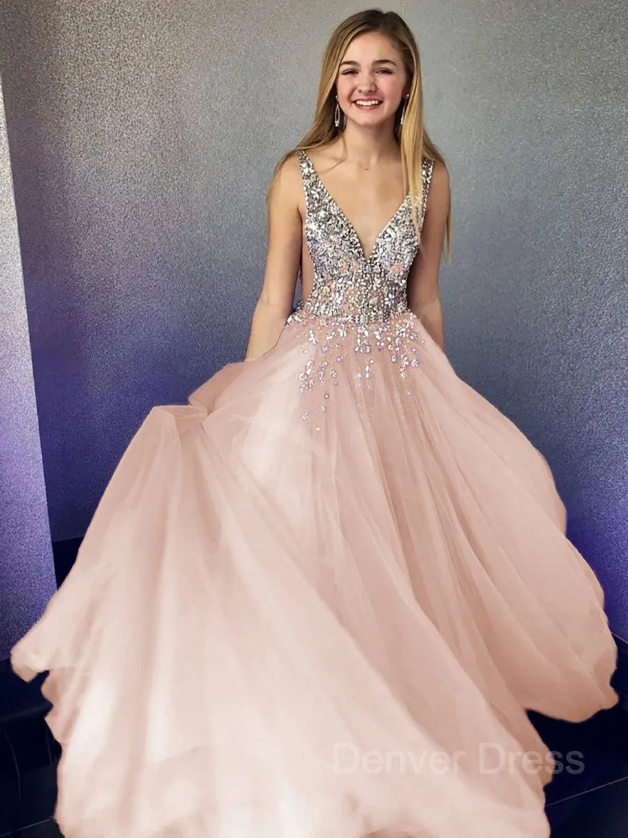 A-Line V-neck Floor-Length Tulle Evening Dresses With Beading