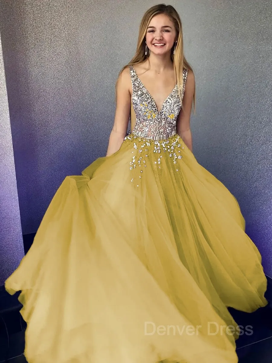 A-Line V-neck Floor-Length Tulle Evening Dresses With Beading