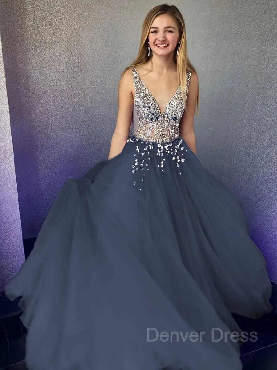 A-Line V-neck Floor-Length Tulle Evening Dresses With Beading