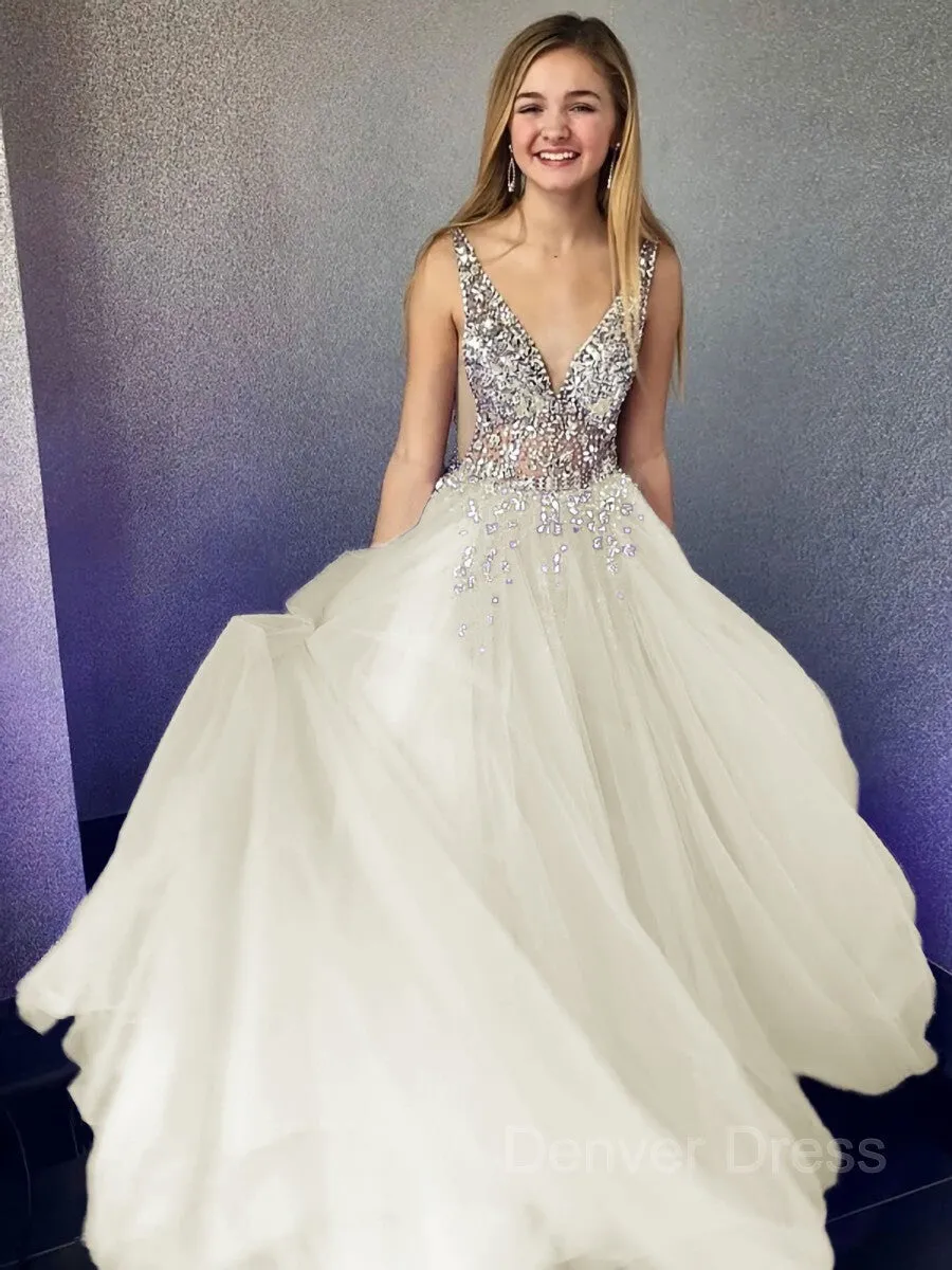 A-Line V-neck Floor-Length Tulle Evening Dresses With Beading
