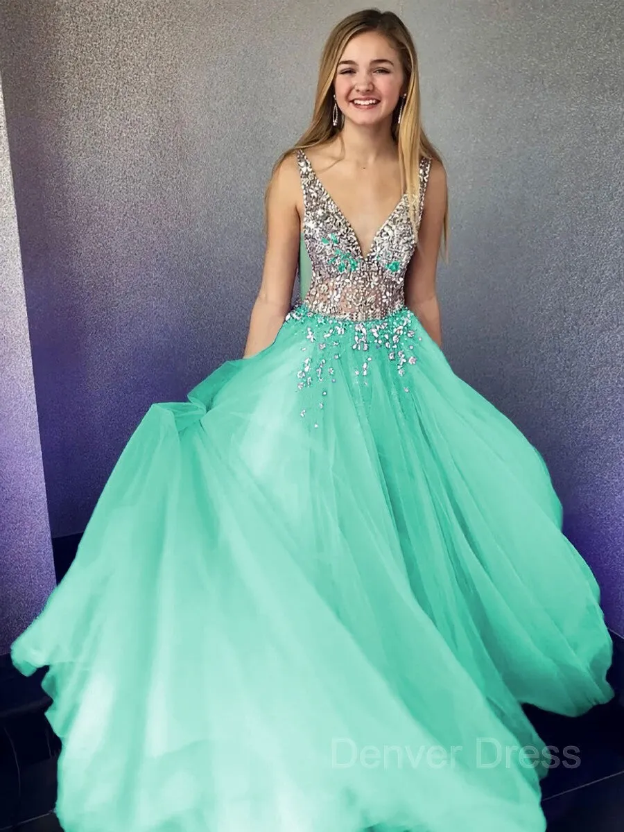 A-Line V-neck Floor-Length Tulle Evening Dresses With Beading