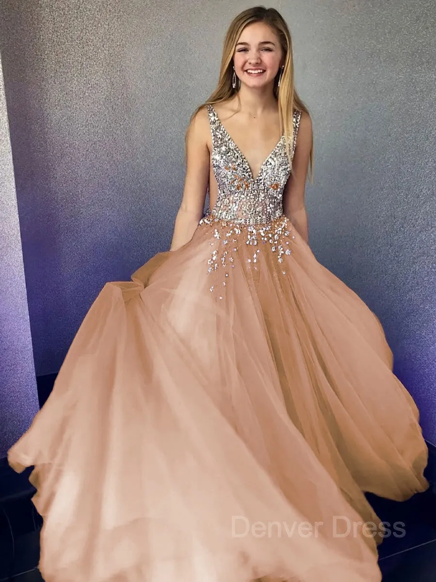 A-Line V-neck Floor-Length Tulle Evening Dresses With Beading