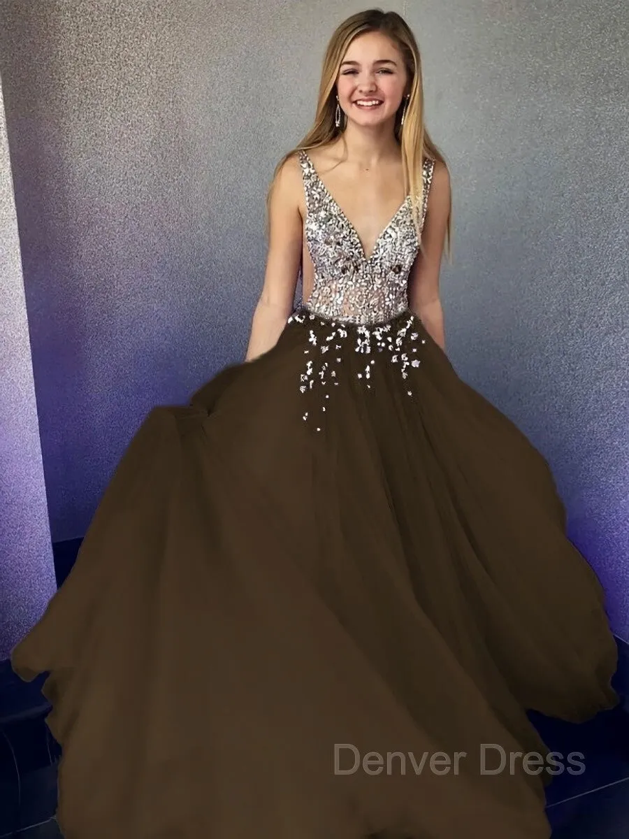 A-Line V-neck Floor-Length Tulle Evening Dresses With Beading
