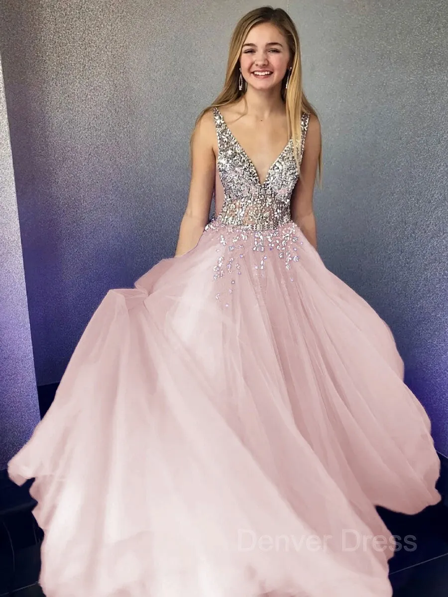 A-Line V-neck Floor-Length Tulle Evening Dresses With Beading