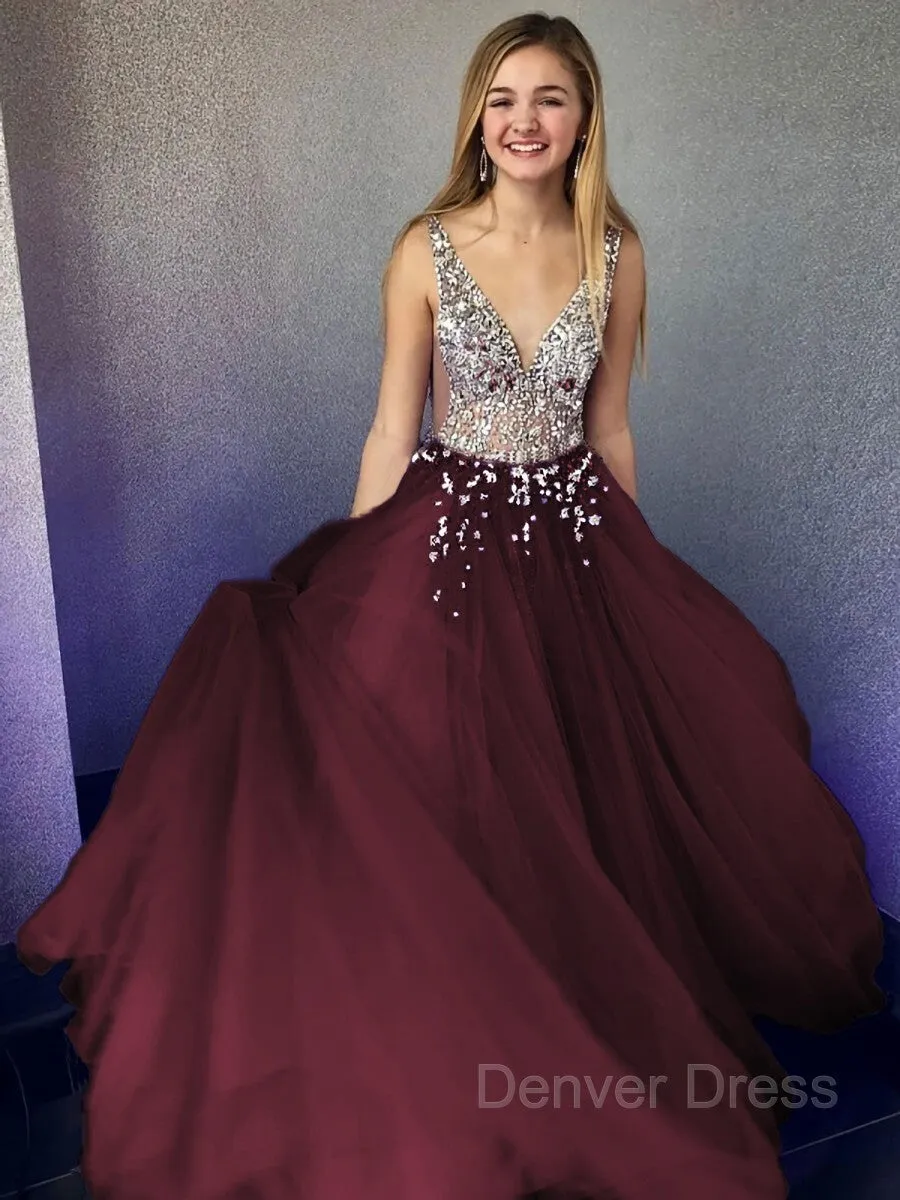 A-Line V-neck Floor-Length Tulle Evening Dresses With Beading