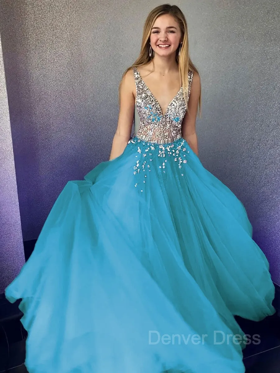 A-Line V-neck Floor-Length Tulle Evening Dresses With Beading