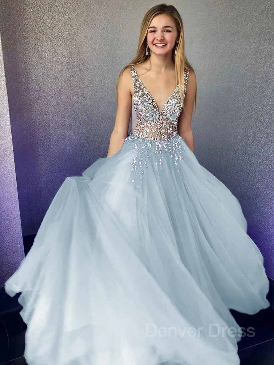 A-Line V-neck Floor-Length Tulle Evening Dresses With Beading
