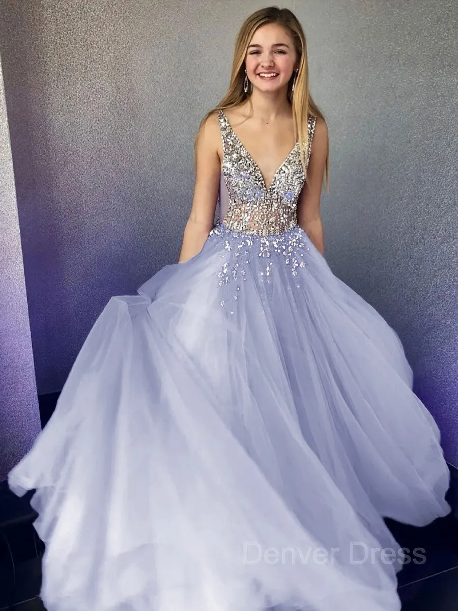 A-Line V-neck Floor-Length Tulle Evening Dresses With Beading