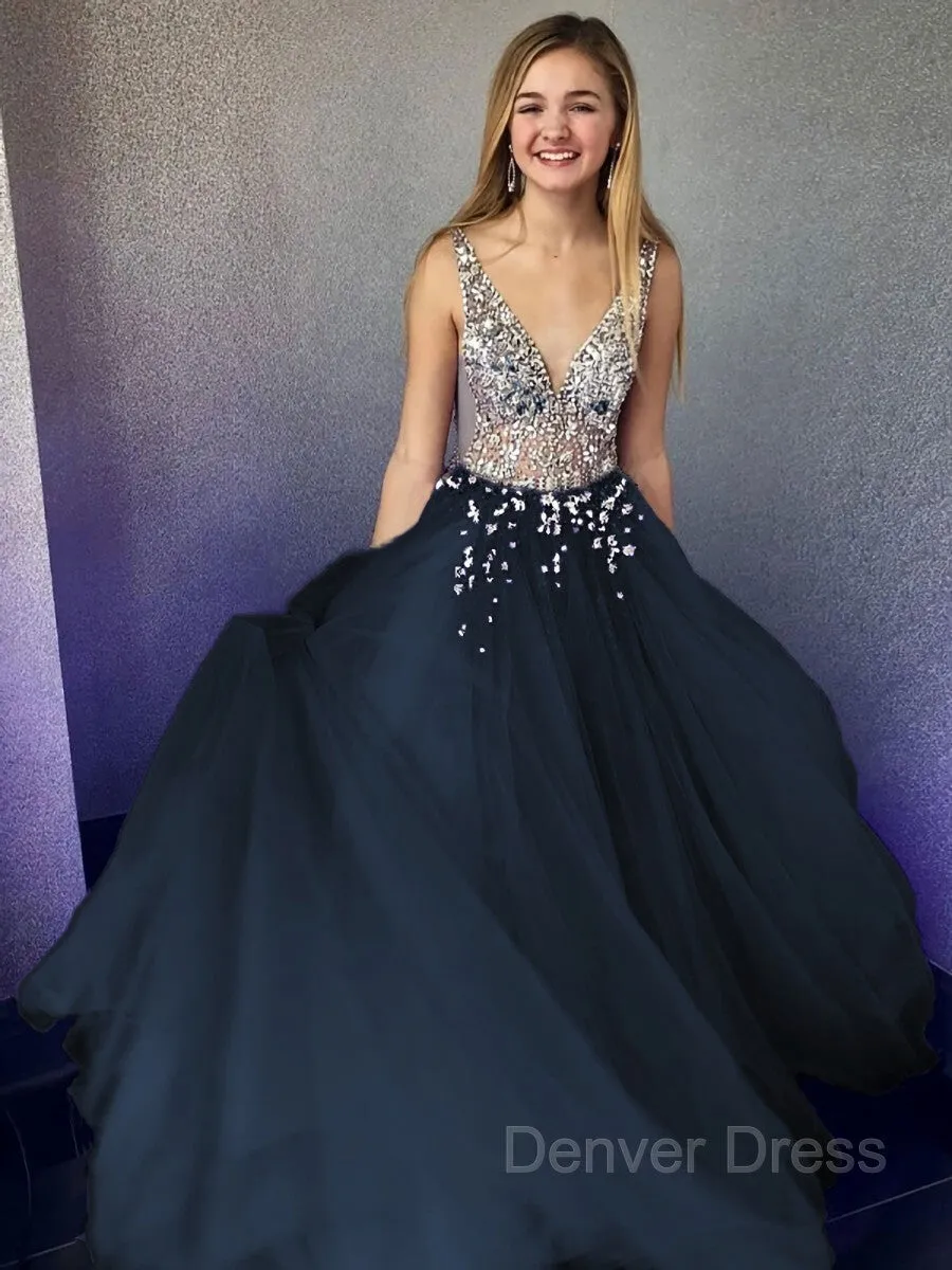 A-Line V-neck Floor-Length Tulle Evening Dresses With Beading
