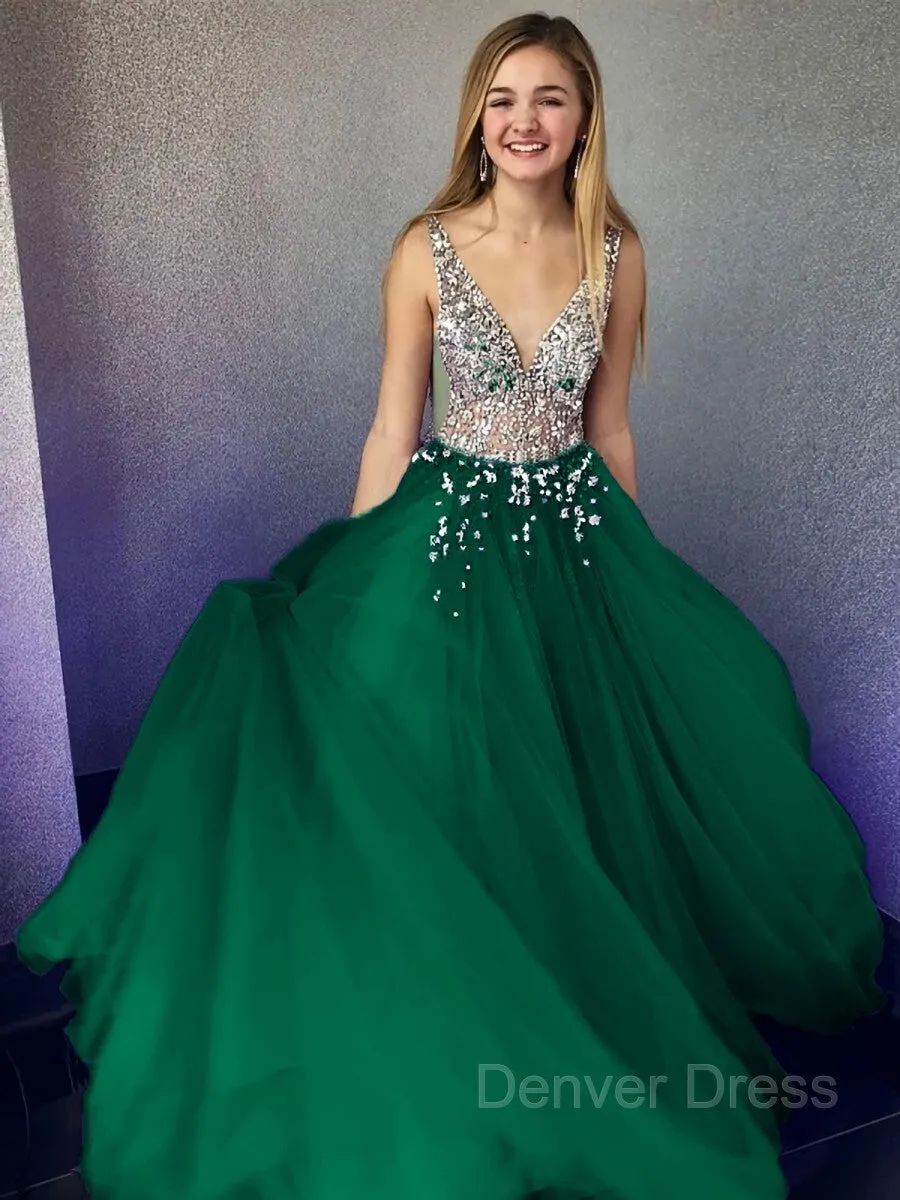 A-Line V-neck Floor-Length Tulle Evening Dresses With Beading