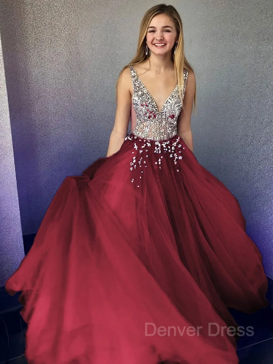 A-Line V-neck Floor-Length Tulle Evening Dresses With Beading