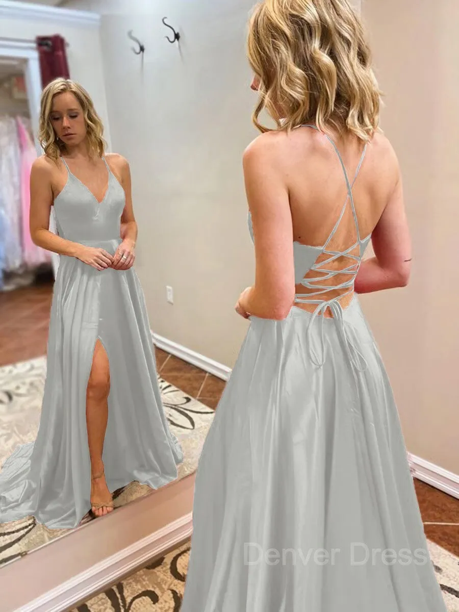 A-Line V-neck Sweep Train Elastic Woven Satin Evening Dresses With Leg Slit