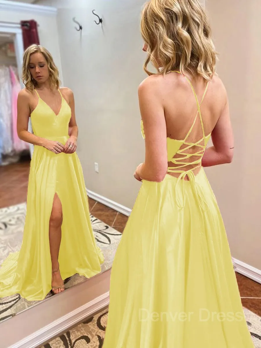 A-Line V-neck Sweep Train Elastic Woven Satin Evening Dresses With Leg Slit