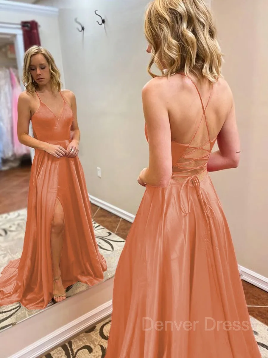 A-Line V-neck Sweep Train Elastic Woven Satin Evening Dresses With Leg Slit