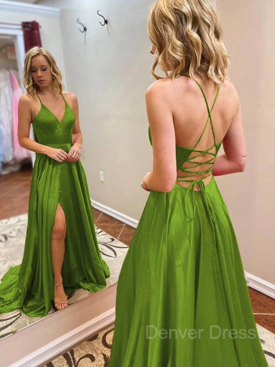 A-Line V-neck Sweep Train Elastic Woven Satin Evening Dresses With Leg Slit